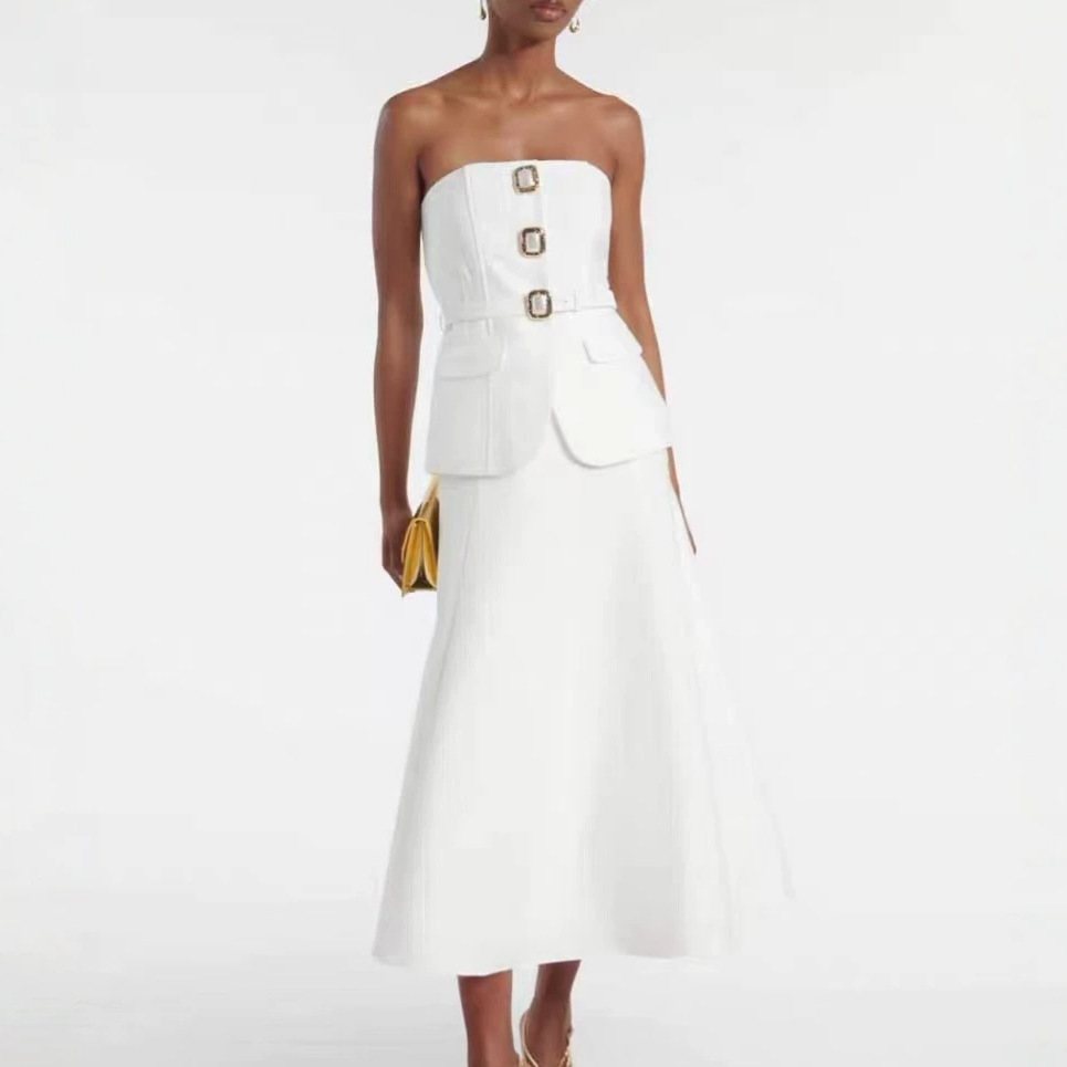 Women Formal Wear For Meeting - Damen Sexy Trägerloses Crop-Top mit Diamantknöpfen