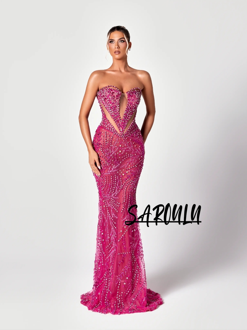 Formal Gala Wear Women - Fuchsia Cut Out Süßes Abendkleid Illusion