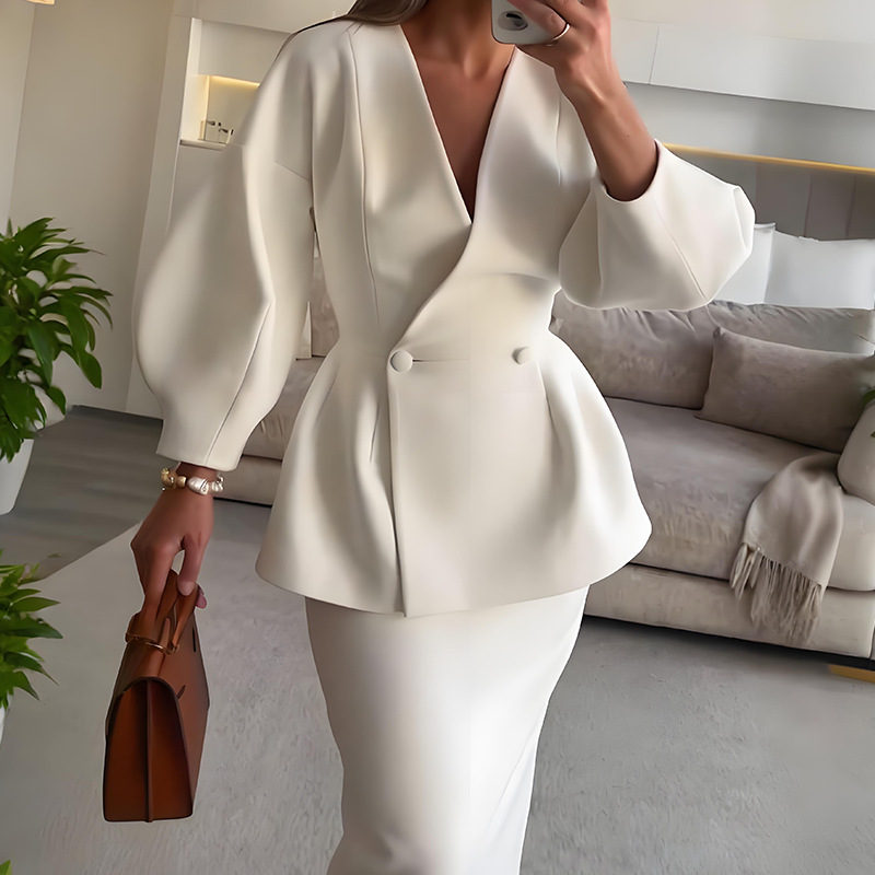 Women Formal Wear For Meeting - 2-teilige Damen-Outfits Elegantes Blazer-Rock-Set mit Puffärmeln