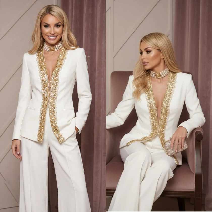 Women Formal Wear For Graduation - 2-teilige Damenhosenanzüge für Modenschauen mit Goldperlen,