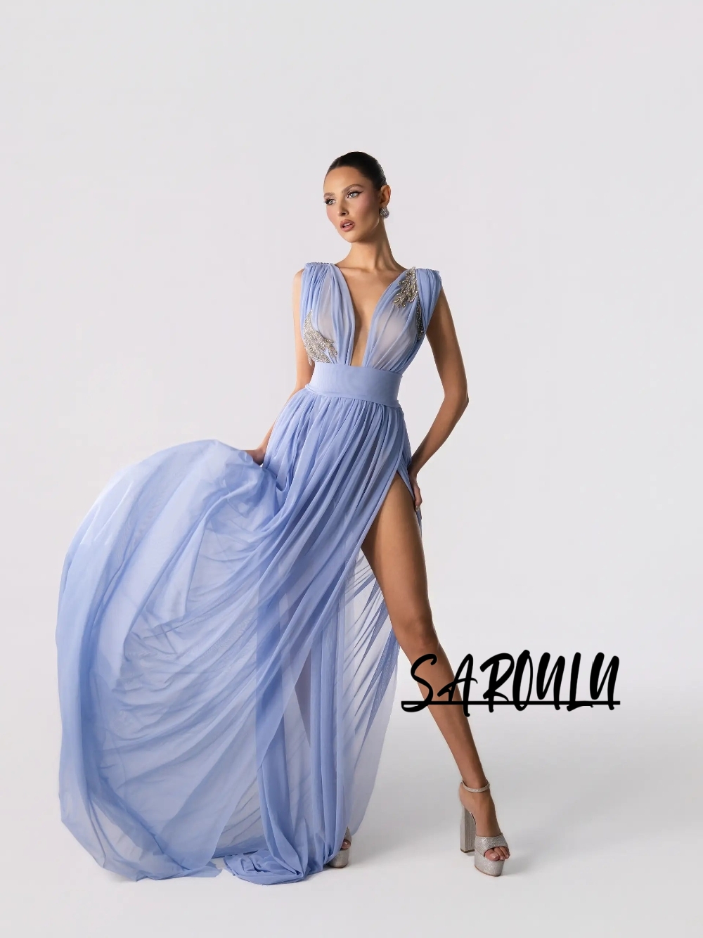Formal Gala Wear Women - Hellblaues Sexy Abendkleid mit Tiefem V-Ausschnitt