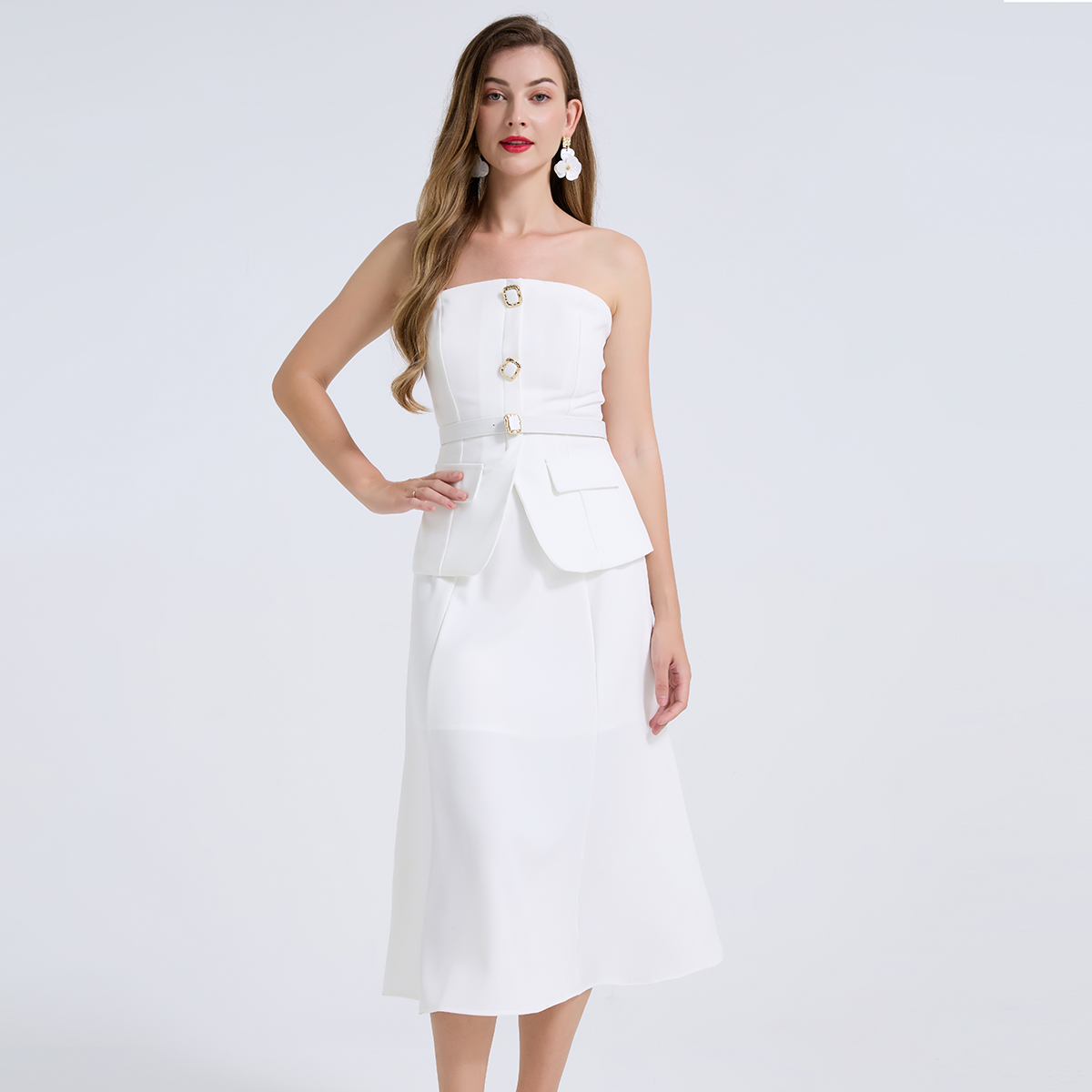 Women Formal Wear For Meeting - Elegantes 2-teiliges Damen-Outfit mit Diamantknöpfen, trägerloses