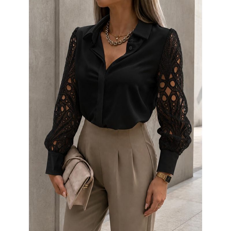 Women Formal Wear For Meeting - Damen-Satinbluse mit Knöpfen, Langarm-Hemd mit Spitzenausschnitten